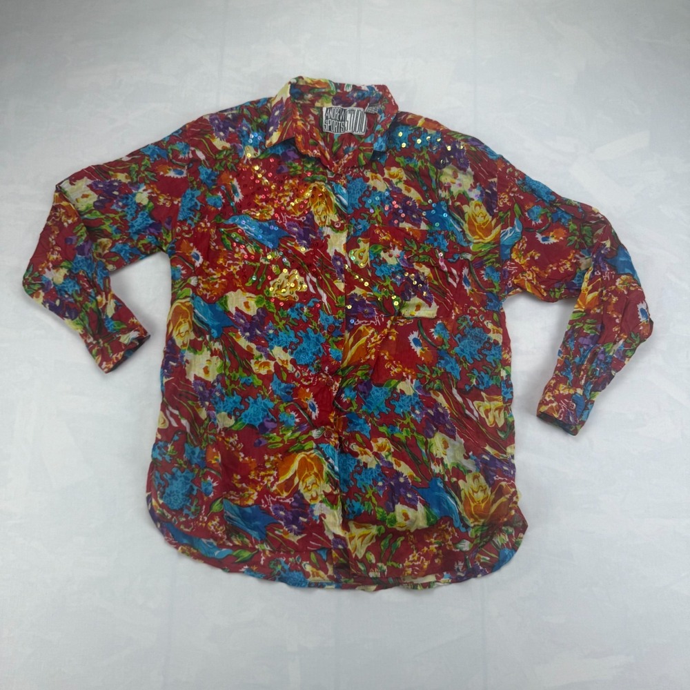 Vtg Andrew Sports Studio Shirt Women's Medium Multi Floral Long Sleeve Button-Up
